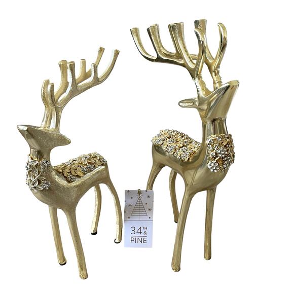 34th & Pine Gold Metal Rhinestone Reindeer Set of 2 Christmas Holiday Decor NEW - Picture 15 of 15